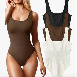 Ribbed Square Neck Bodysuits – 3 Colors (Black, Cream, Brown)